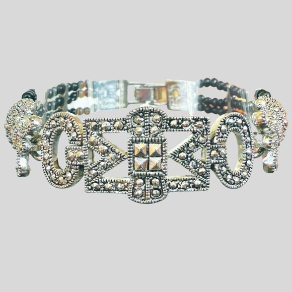 Art Deco Style Beaded Bracelet 7.5in Silver Tone Black Beads Retro - Picture 3 of 10